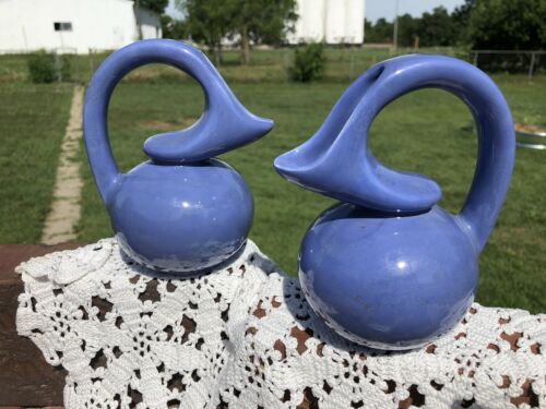 2 Vintage Art Deco Vase Set Blue Glaze Unmarked