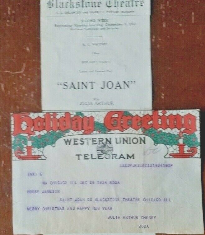 Star Sends Cast Christmas Telegram St Joan Julia Arthur Blackstone Theatre 1924