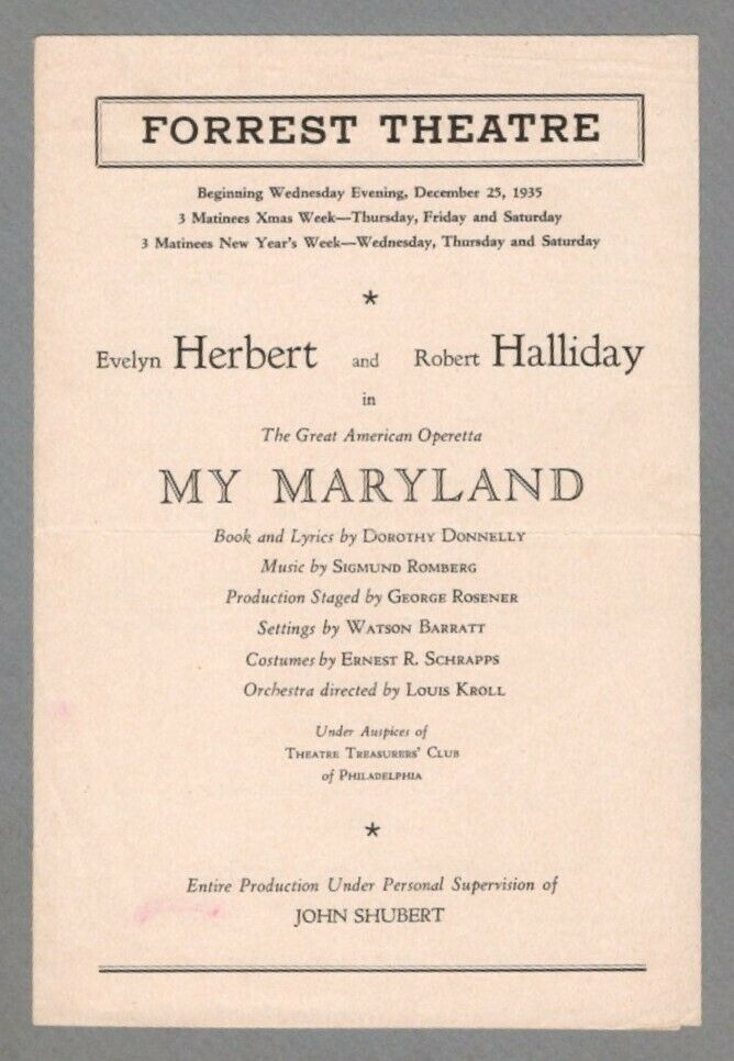 Sigmund Romberg "my Maryland" Evelyn Herbert / Robert Halliday 1935 Program