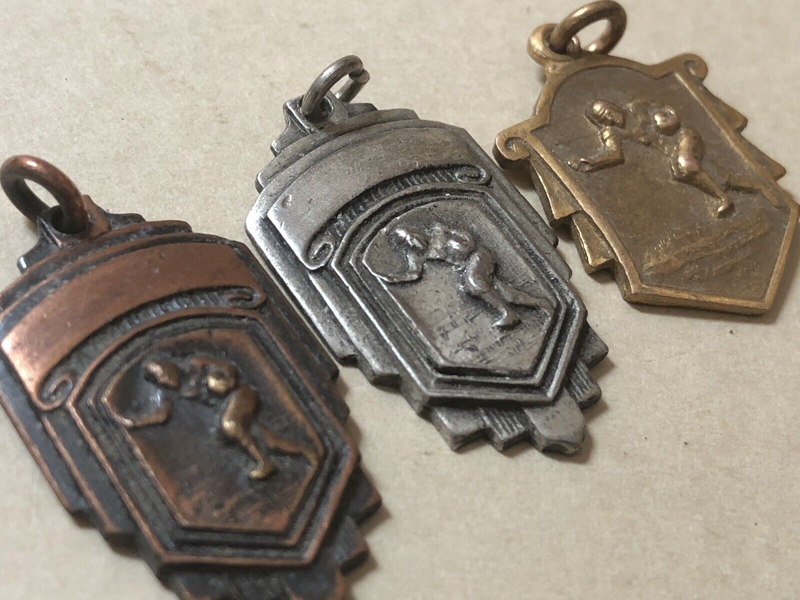 Lot Of 3 Vintage 1940’s American Football Medals - Bronze, Silver & Gold